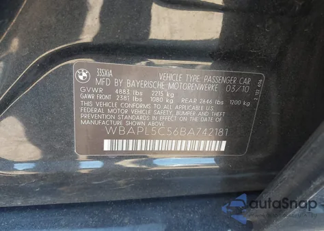 2011 BMW 335I xDrive z USA, uszkodzony, nr VIN WBAPL5C56BA742181